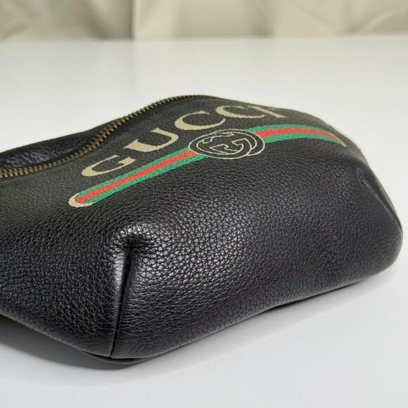 Gucci Black Leather Printed Bum Bag with Green & Red Stripes and Gold Hardware - Picture 6 of 8